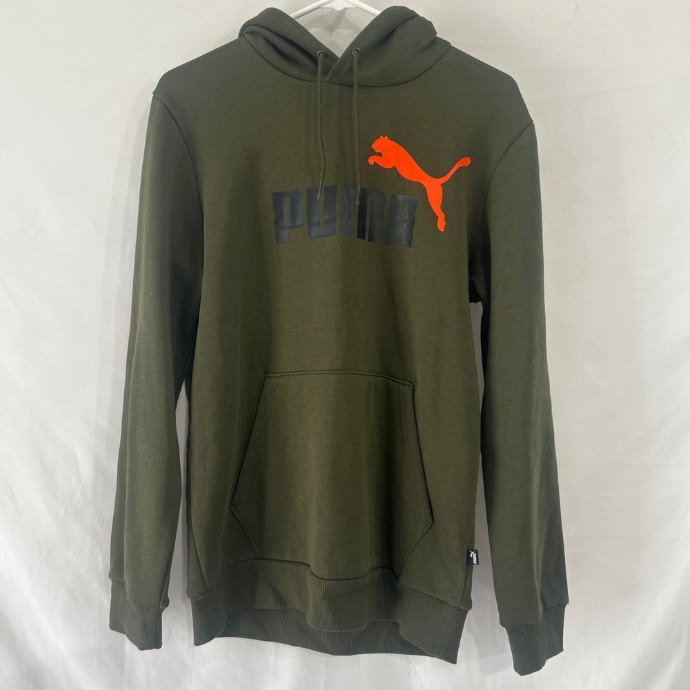Puma Mens Essentials Big Logo Hoodie Olive Green Orange Small Pullover Hoodie